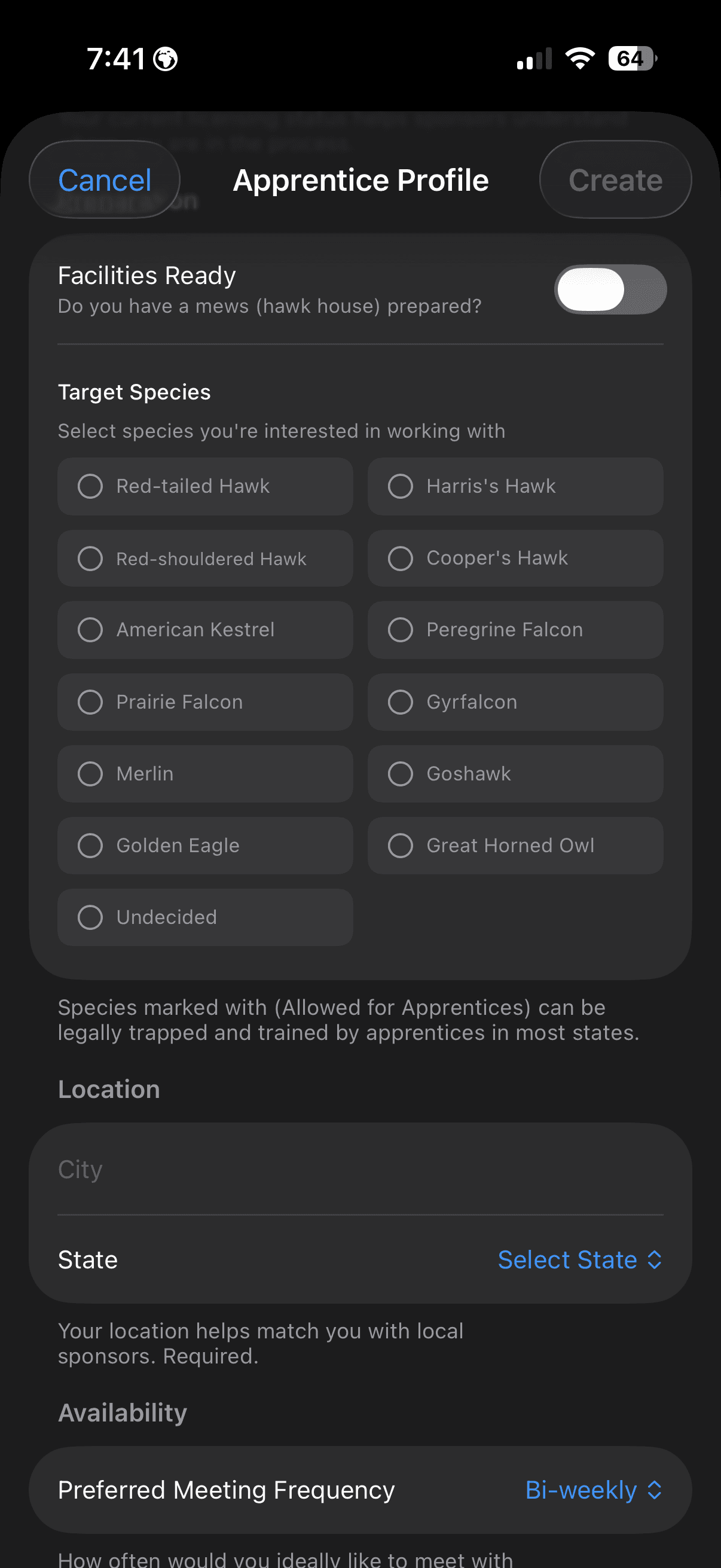 FalconryLab apprentice profile with training preferences