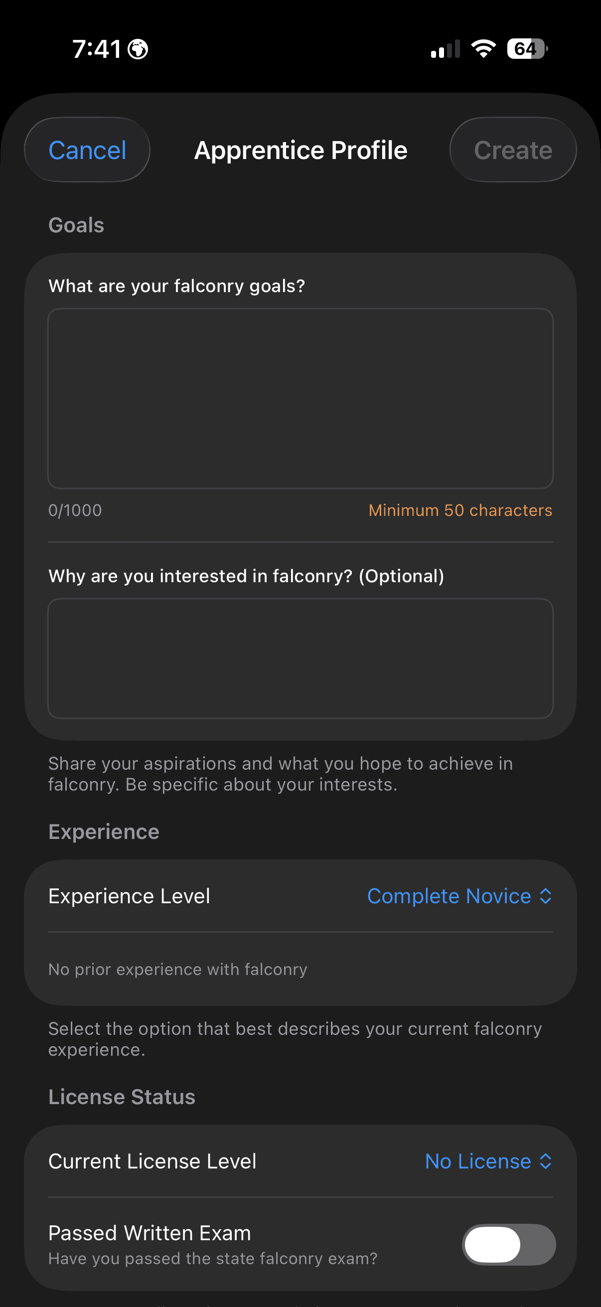 Perfil de aprendiz de FalconryLab mostrando experiencia y objetivos