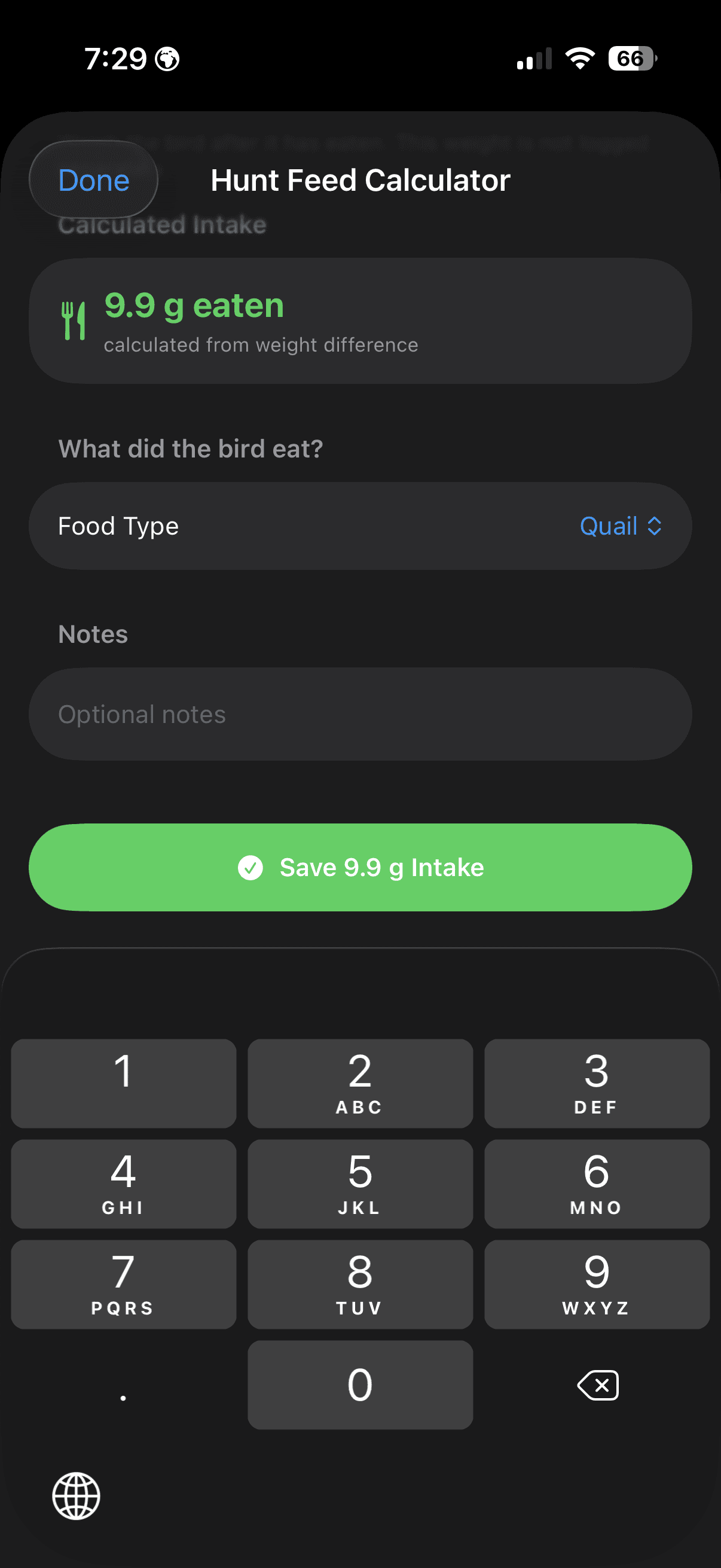 Resultados de la calculadora de FalconryLab con plan de alimentación ajustado