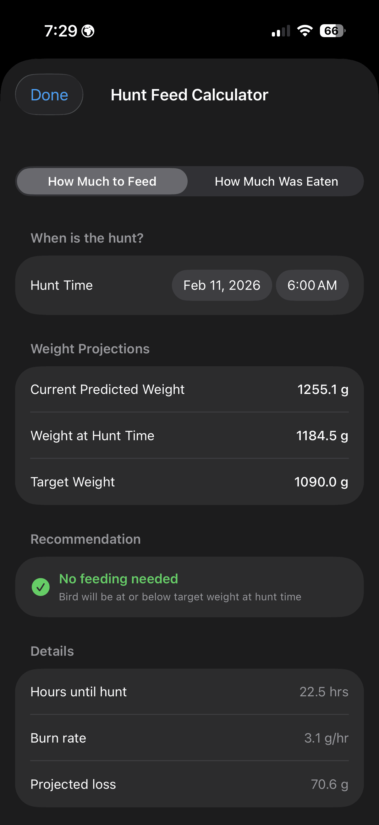 FalconryLab feeding calculator showing how much to feed
