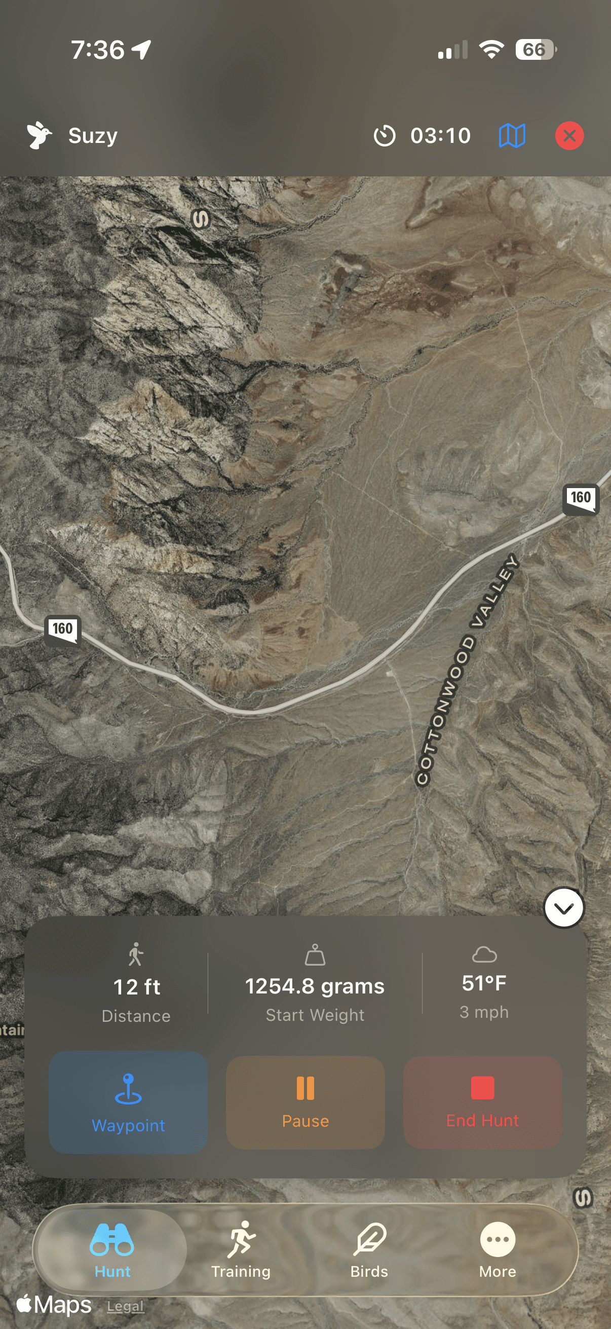 FalconryLab active hunt with live GPS tracking on map