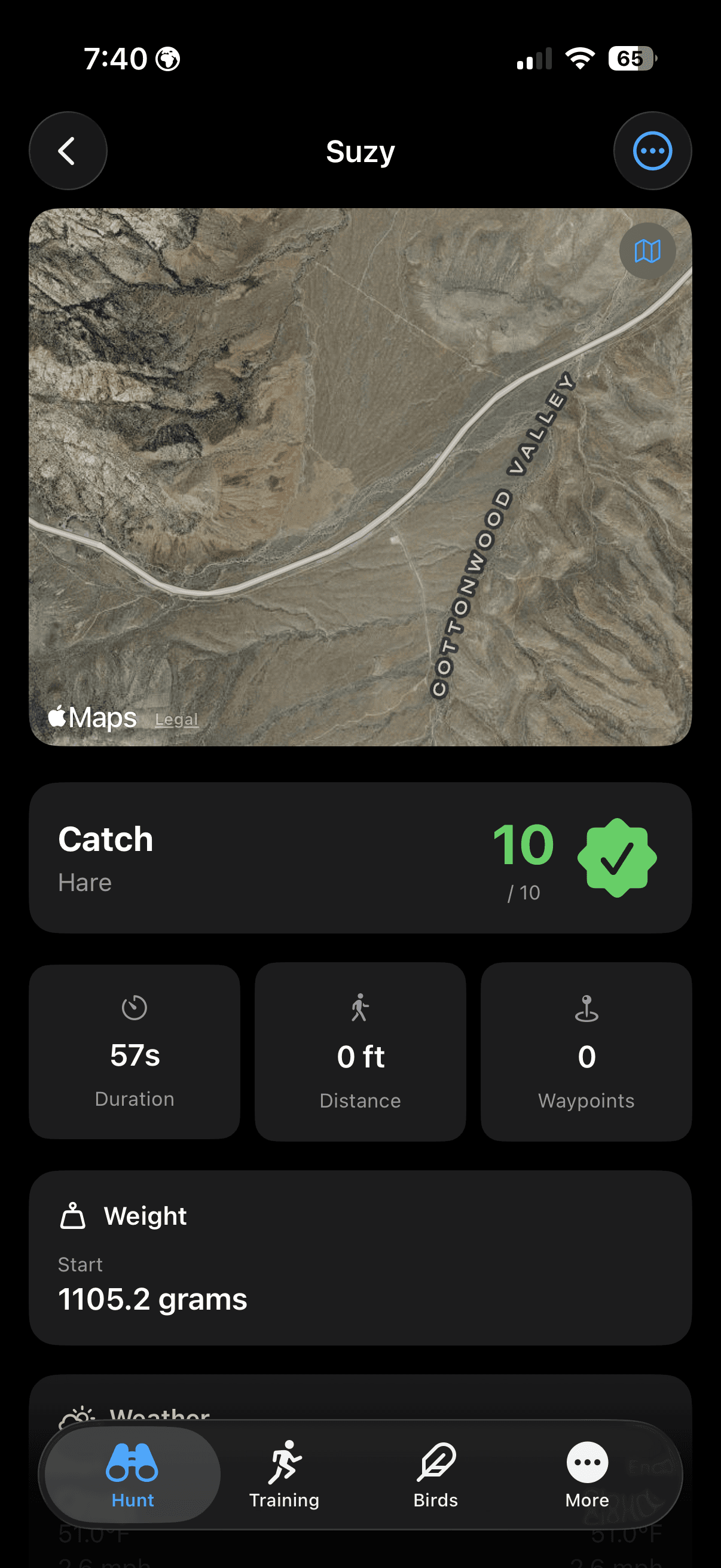 Vista de detalle de cacería de FalconryLab con superposición de ruta GPS