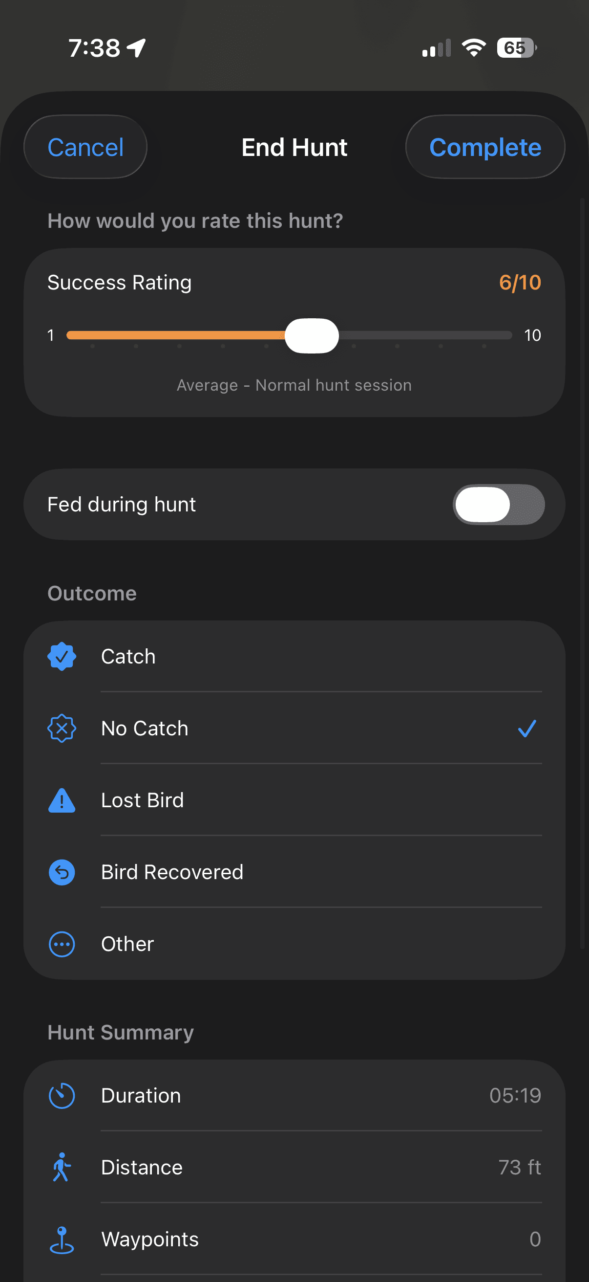 FalconryLab hunt end screen with summary and stats