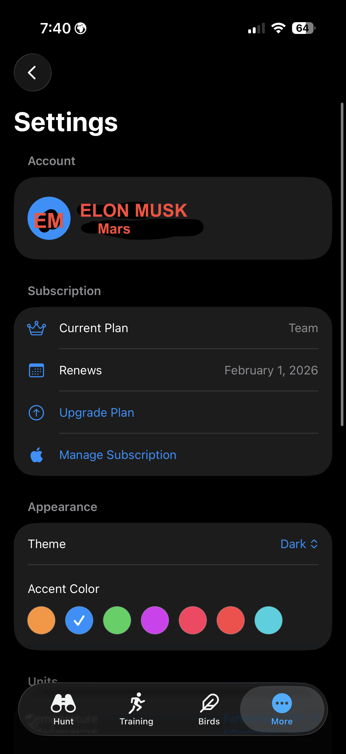 FalconryLab settings screen with team and account options