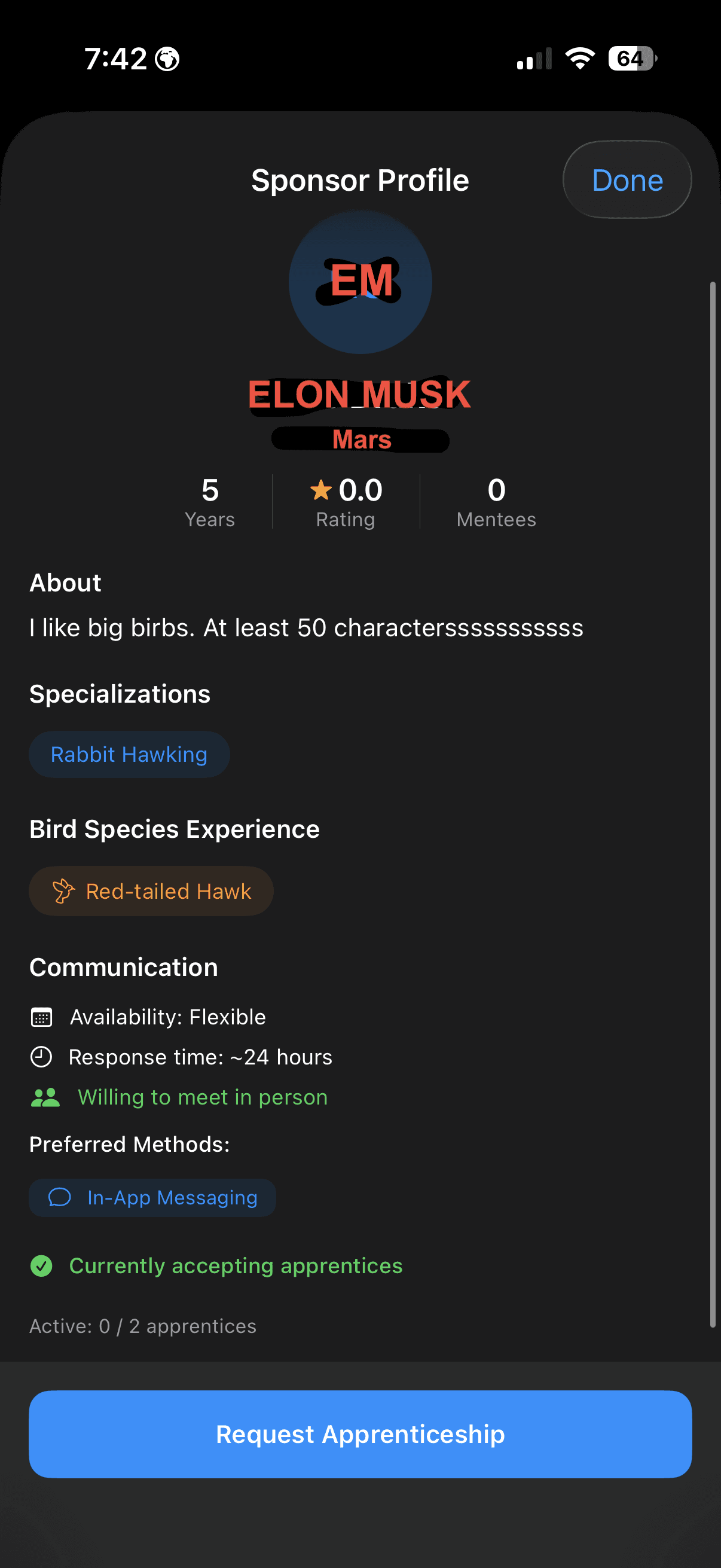 Perfil de patrocinador de FalconryLab mostrando experiencia de mentoría