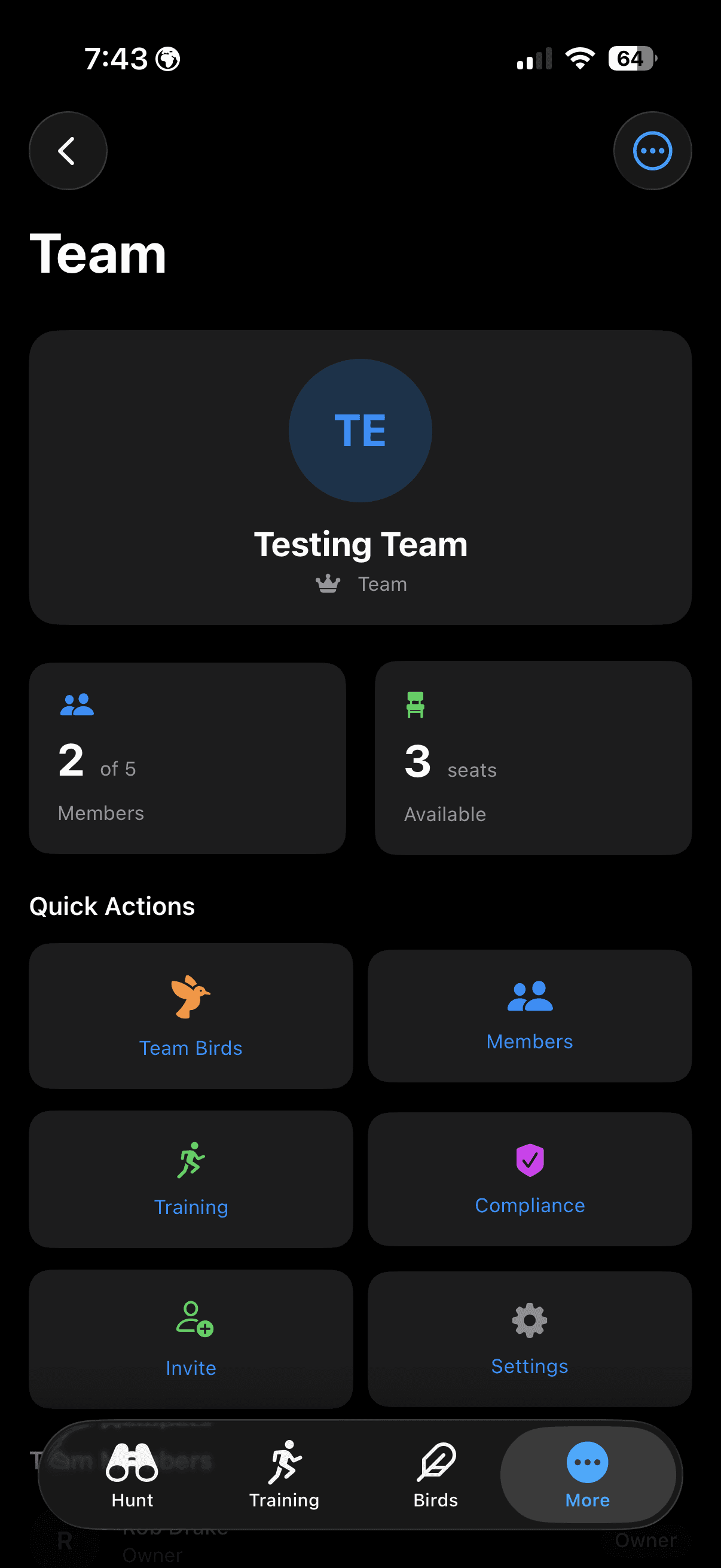FalconryLab team dashboard with members and shared birds